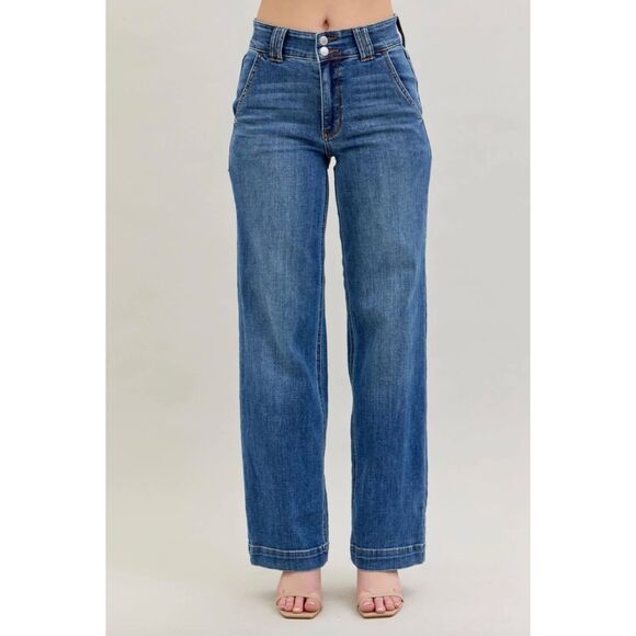 Judy Blue High Waist Double Button Wide Leg Jeans Medium Wash Size 7/28 - Picture 2 of 16